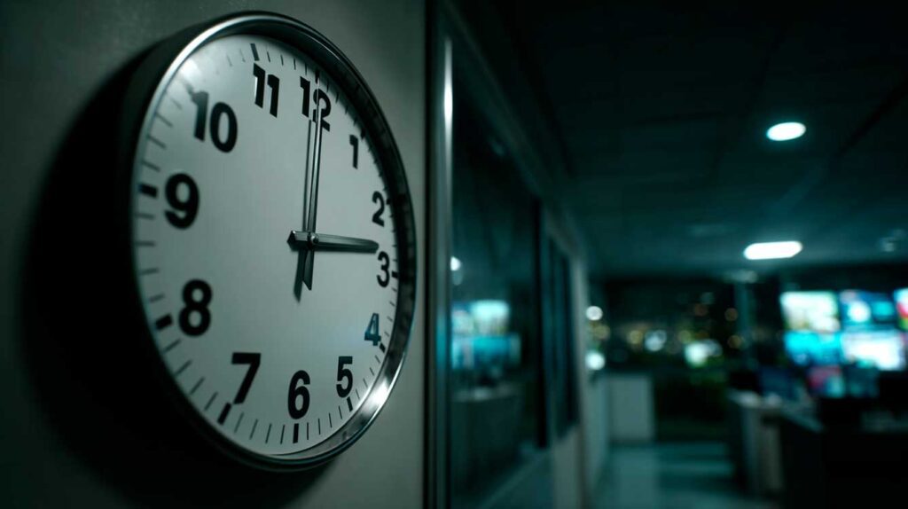 Escala 12x36: O Guia Definitivo de Direitos (Atualizado 2025) 4 Adicional noturno escala 12 x 36 cálculo - Foto de relógio em ambiente de trabalho noturno, representando o cálculo de adicional noturno na escala 12x36