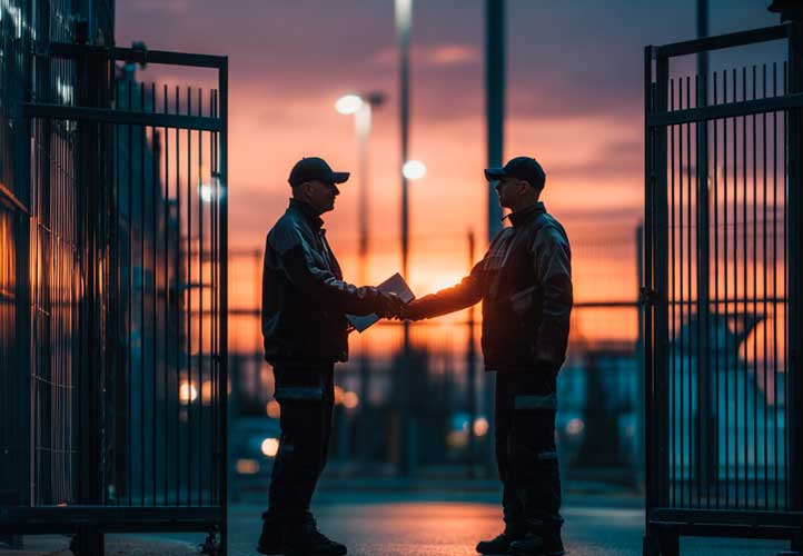 Escala 12x36: O Guia Definitivo de Direitos (Atualizado 2025) 5 Foto de dois vigilantes durante uma passagem de posto ou rendição, simbolizando tempo extra não remunerado na escala 12x36.