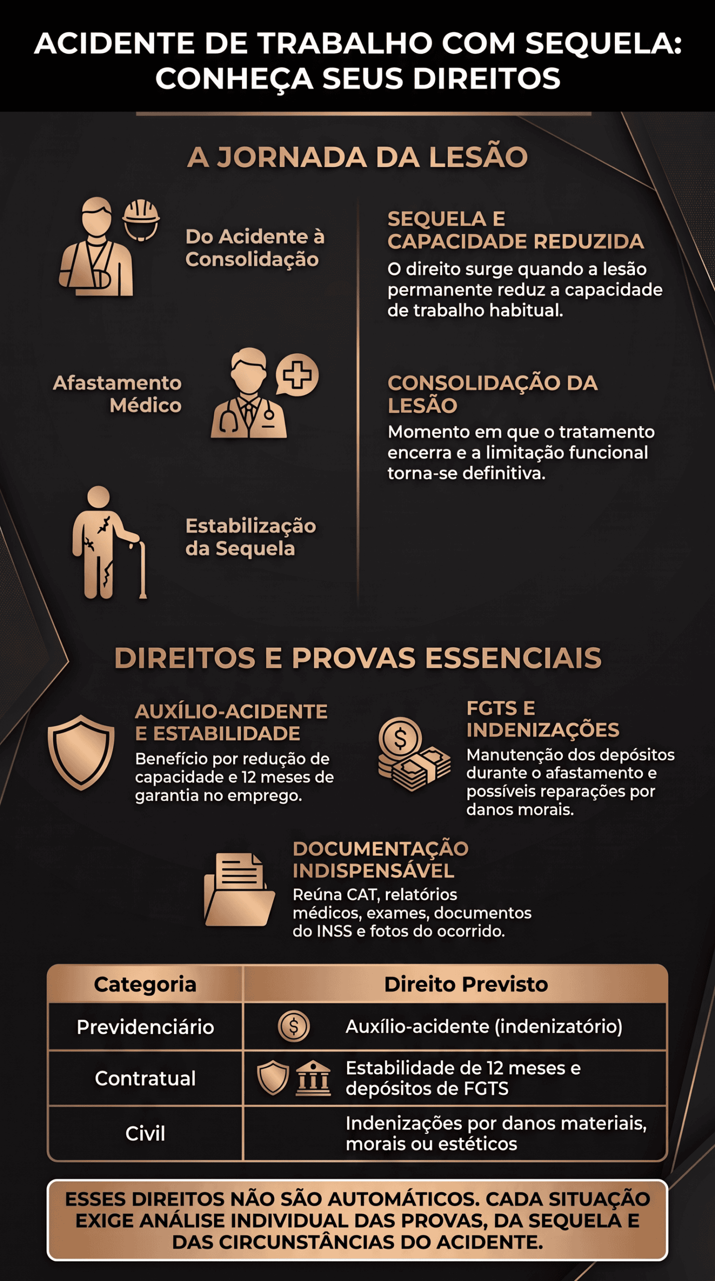 Infográfico sobre direitos e provas após acidente de trabalho com sequela